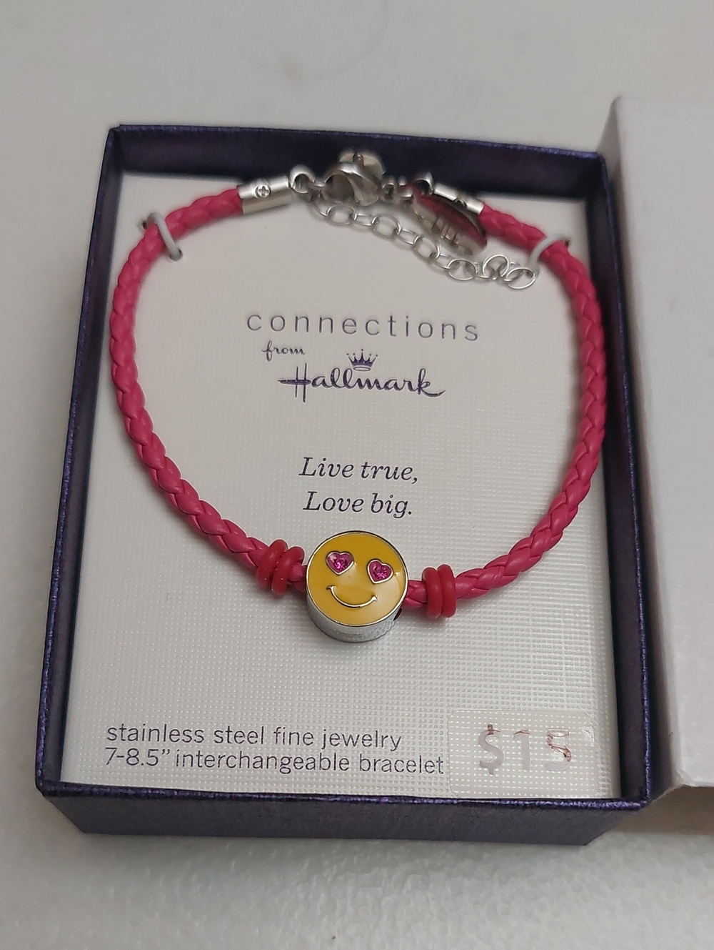 Hallmark Connections Heart Eyes Smiley Face Pink Braided Friendship Bracelet